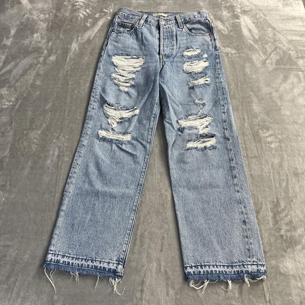 Levis Ribcage Straight Ankle Jeans Womens 26 Blue High Rise Distressed Raw Hem